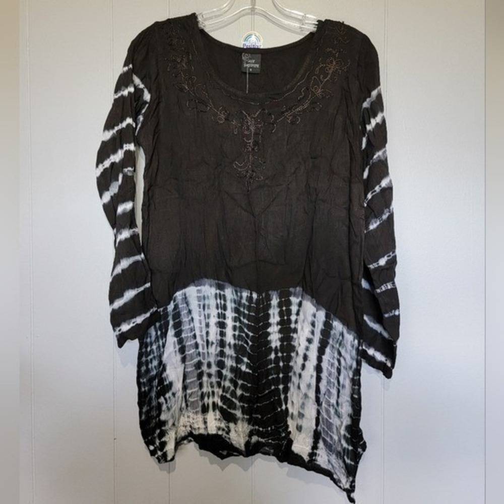 Ace Fashion Womens Black White Tie Dye Embroidered Tunic Top AF-1483 Small NEW